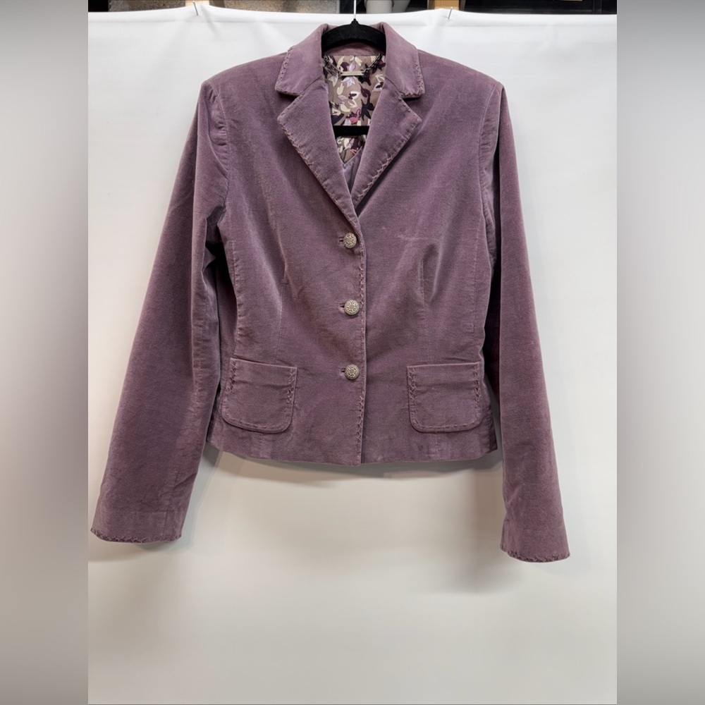 Elie Tahari Velvet Blazer Jacket Sz L Top Stitching Silk Lining Lilac Luxury